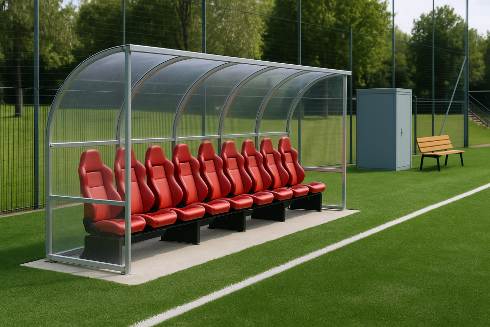 Panchina con tettoia bordo campo posizionata su un campo da calcio in erba sintetica. Le sedute a bordo campo, ergonomiche e resistenti, rappresentano una perfetta soluzione di arredo tecnico per impianti sportivi moderni, offrendo comfort a giocatori e staff. Nell'immagine sono visibili anche mobili per impianti sportivi come armadietti tecnici e una panchina per spogliatoi sportivi.